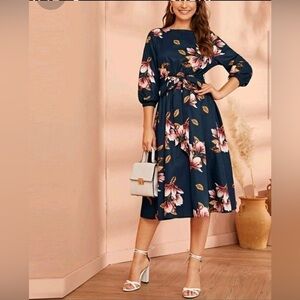 SHEIN Dark Blue Floral Three Quarter Sleeve Maxi Dress